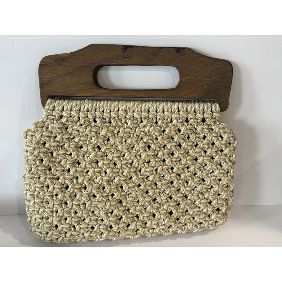 Vintage Woven Macrame Jute Rope Bag Clutch Purse Wood Handle - Picture 4 of 12